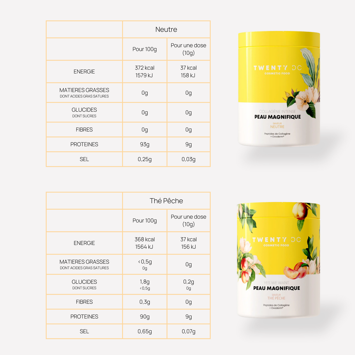 Valeurs nutritionnelles collagène neutre pêche : 9,85g collagène marin + Ovoderm